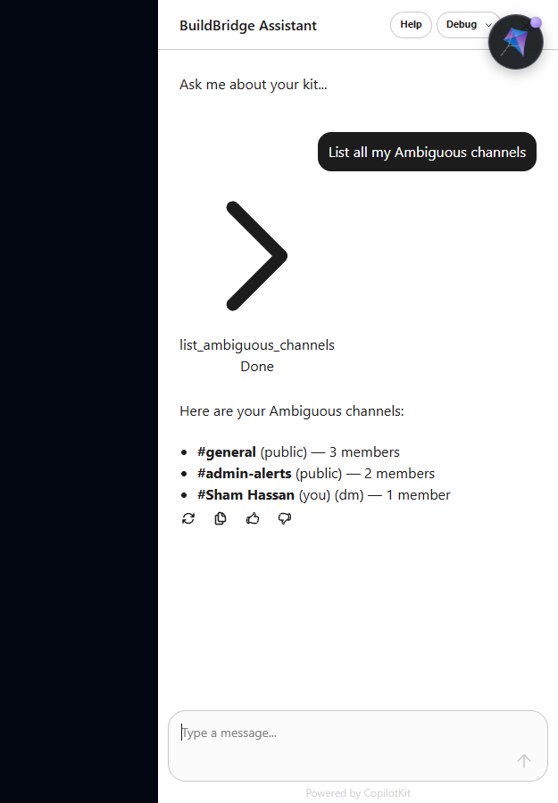 BuildBridge AI sidebar showing list_ambiguous_channels tool call with live channel results